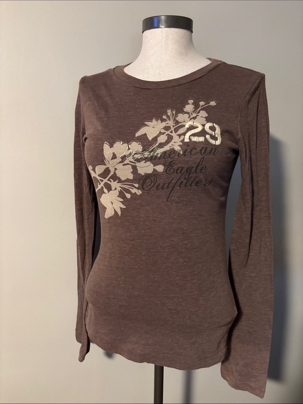 American Eagle Outfitters Brown Long-Sleeve Graphic Tee with Cream Print